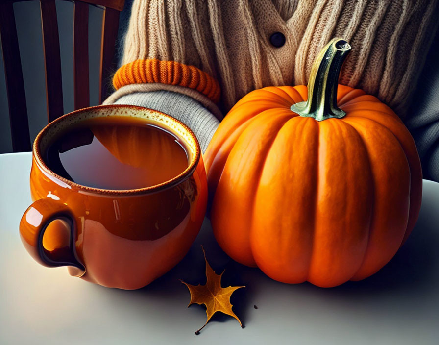 Autumnal scene with mug, pumpkin, leaf, and person in sweater