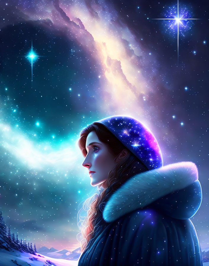 Woman in cosmic-themed hood gazes at star-filled sky and snowy landscape