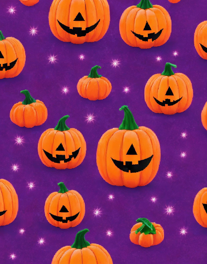 Jack-o'-lantern and pumpkin pattern on purple background with stars