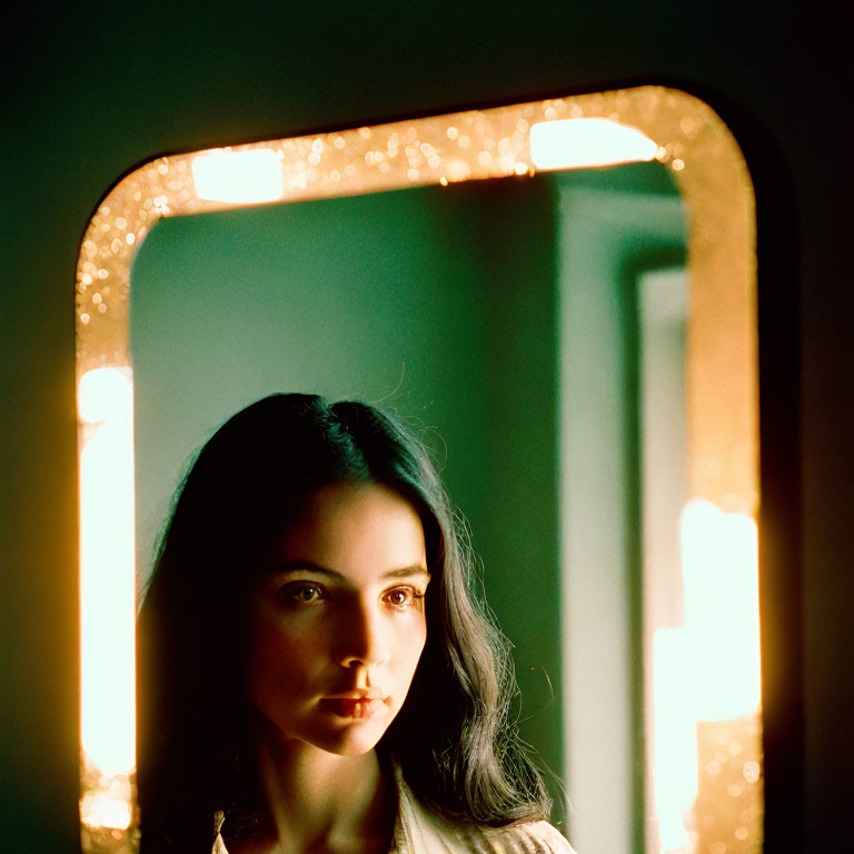 Woman Reflecting in Warmly Lit Mirror with Bokeh Lights