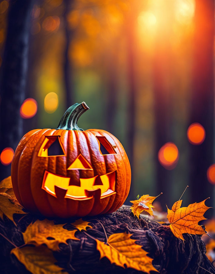 Carved pumpkin in autumn setting with warm sunlight and forest background