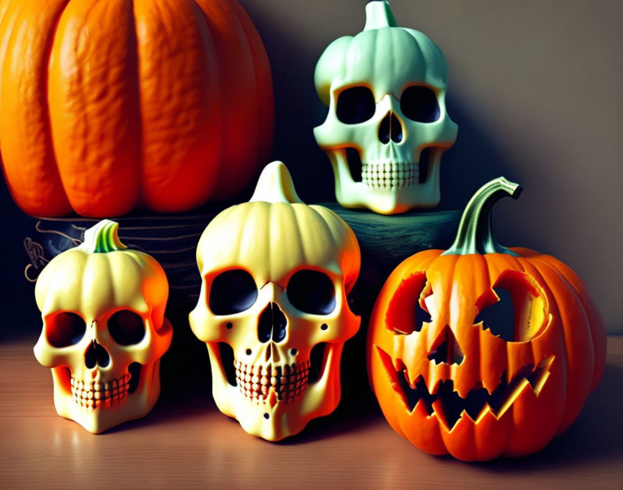 Colorful Halloween Still Life with Pumpkin, Jack-o'-lantern, and Skull Candles