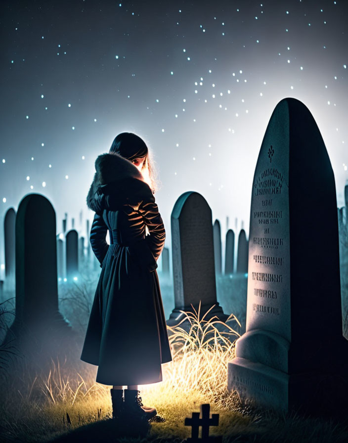 Nighttime scene in cemetery with person by headstone and starlit sky