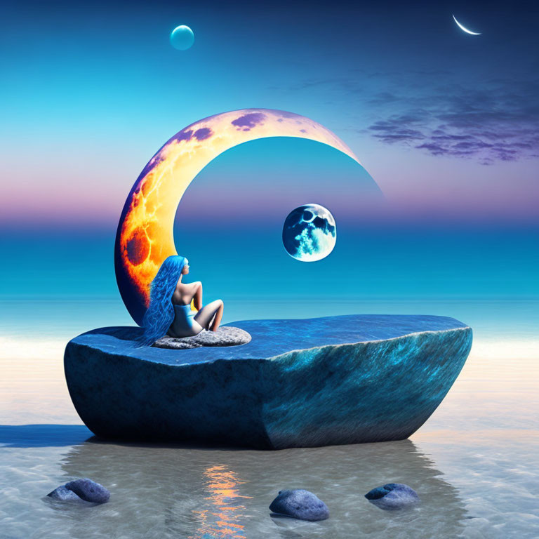 Blue-haired figure on rock gazes at fiery crescent moon amidst planets and moons in surreal twilight sky