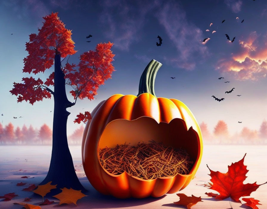 Carved pumpkin with autumn leaves and flying bats under twilight sky