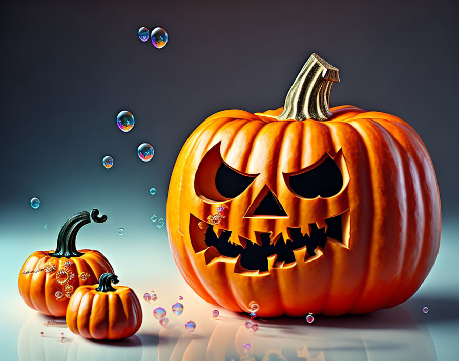 Carved Jack-o'-lantern with Menacing Face and Soap Bubbles on Blue-gray Background