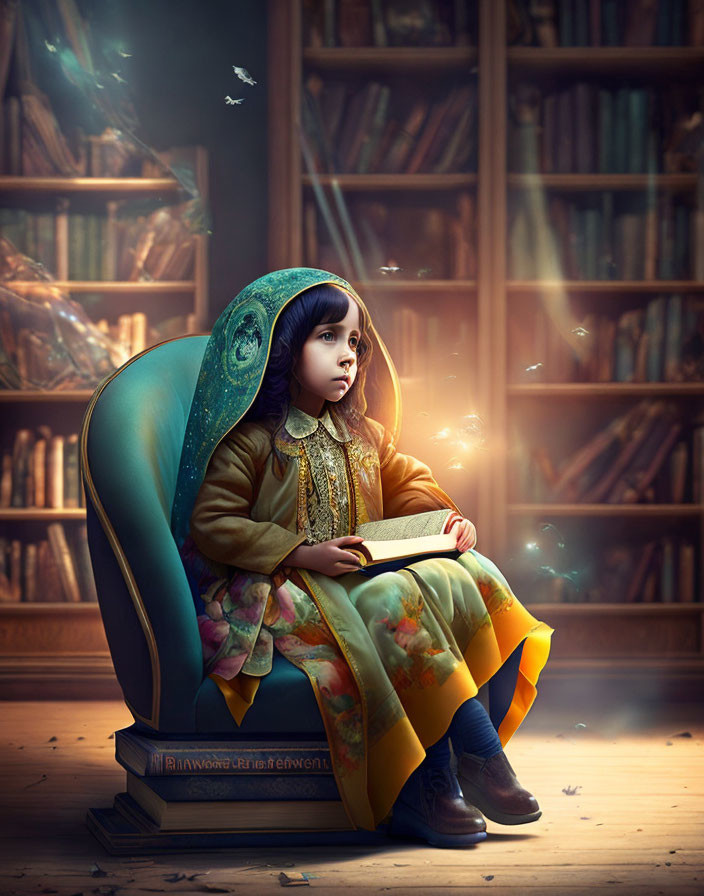 Child in traditional clothes reading book in magical library setting