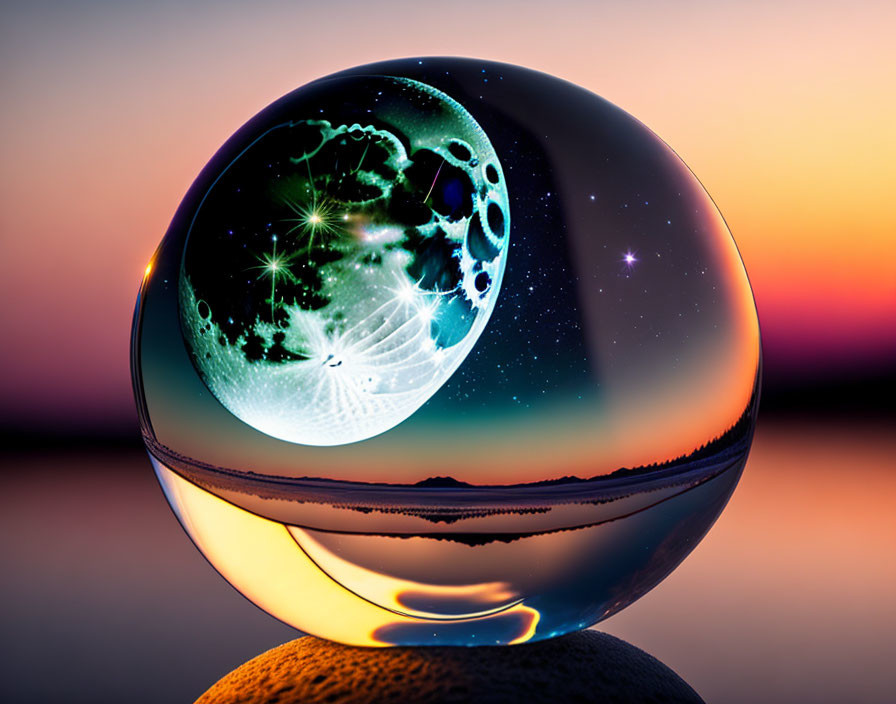 Shiny crystal ball with cosmic moon, stars, and galaxy on sunset background