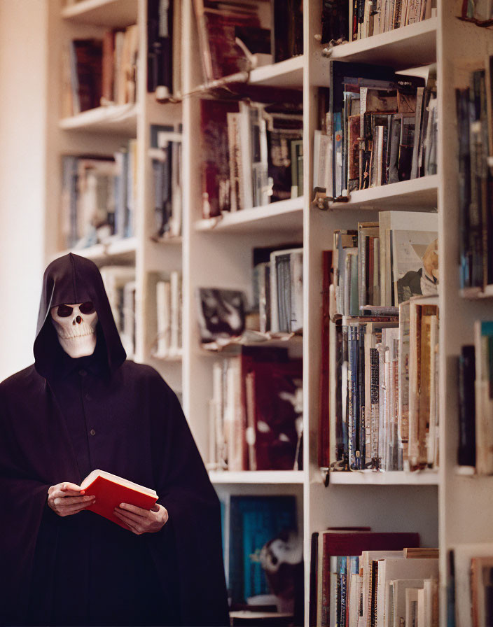 Person in black robe with skull mask holding red book by tall bookshelf