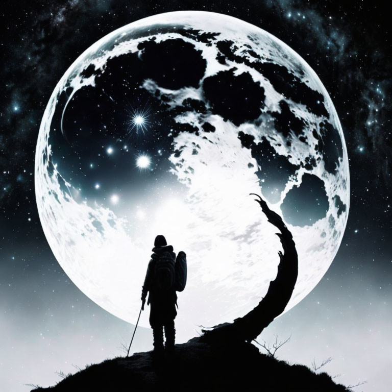 Person standing on hill under starry sky with large luminous moon