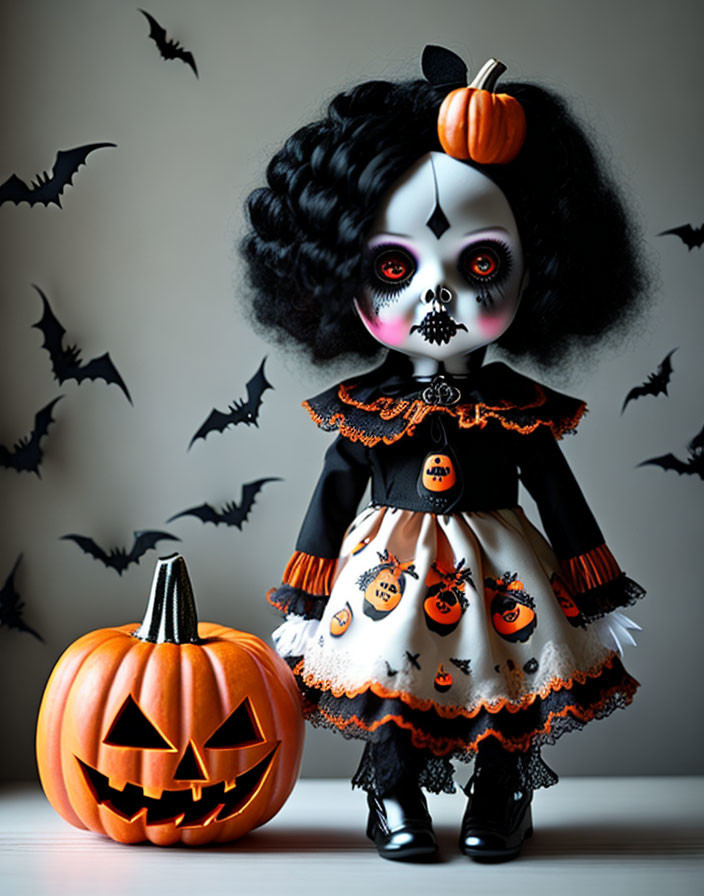 Skull makeup doll in Halloween costume with pumpkin and paper bats