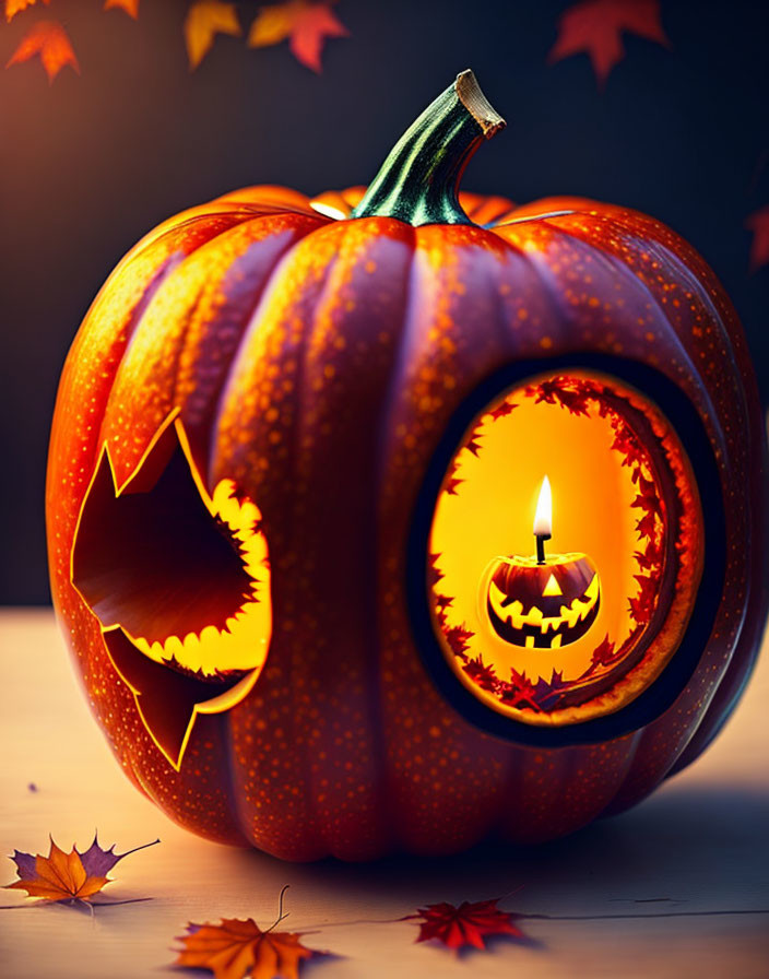 Intricately carved pumpkin with glowing candle and smaller pumpkin silhouette on dark background.