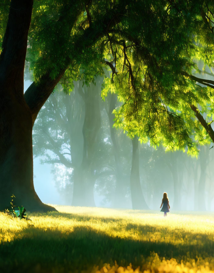 Sunlit forest with lush green trees and golden light filtering through branches