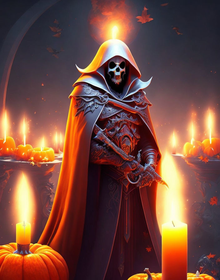 Skeleton figure with scythe in Halloween setting