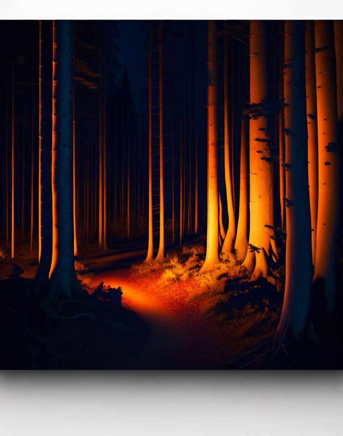 Mystical forest at night with tall trees and eerie orange glow