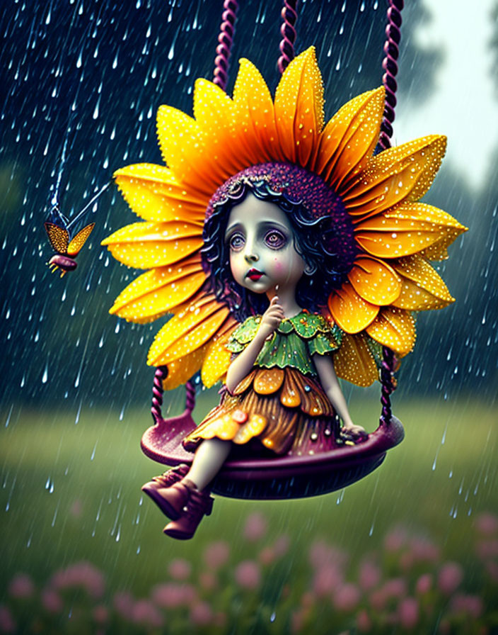 Child on Sunflower Swing in Rain with Butterfly