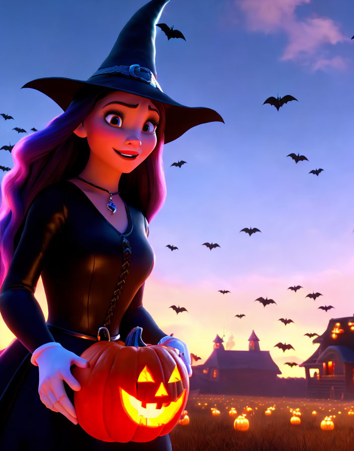 Animated witch with purple hair holding jack-o'-lantern at spooky house dusk