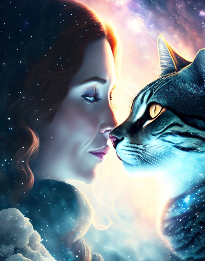 Woman and cat nose-to-nose in cosmic scene