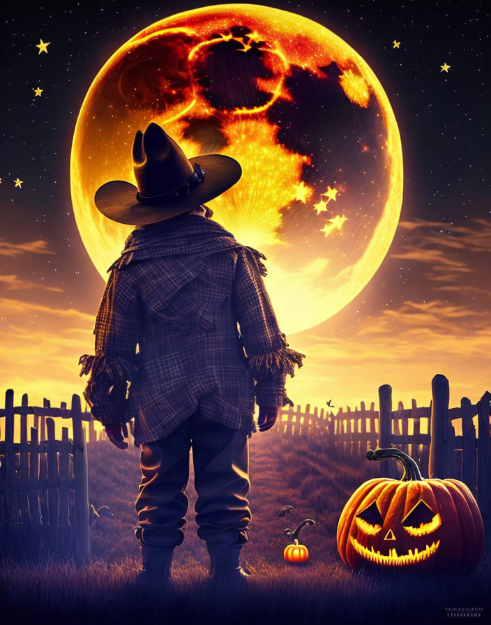 Scarecrow in Hat with Pumpkin and Moon at Twilight