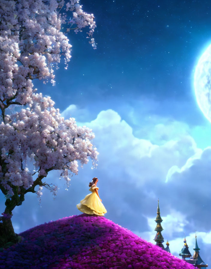 Woman in yellow dress under cherry blossom tree on vibrant hill under starry sky with full moon and distant