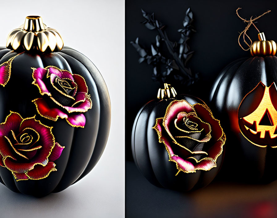 Elegant Black Pumpkins with Rose and Tree Designs