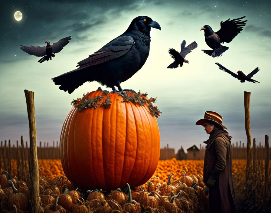 Person in hat in pumpkin field at dusk with crows and twilight sky