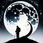 Person standing on hill under starry sky with large luminous moon