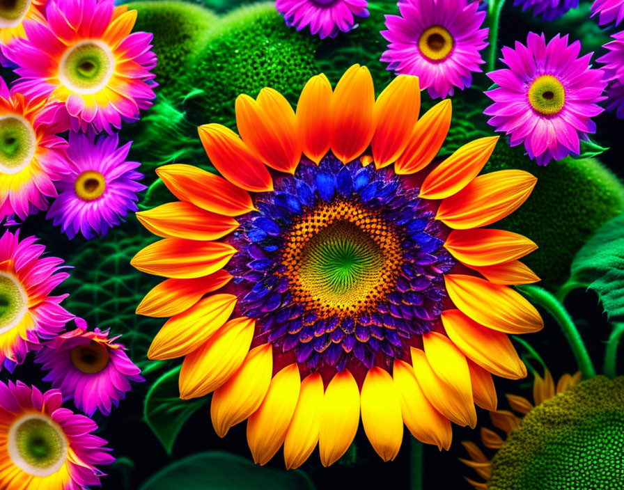 Colorful Sunflower Surrounded by Green Foliage and Pink Flowers