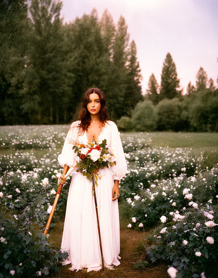 Person in white dress with bouquet in field of white flowers and trees.