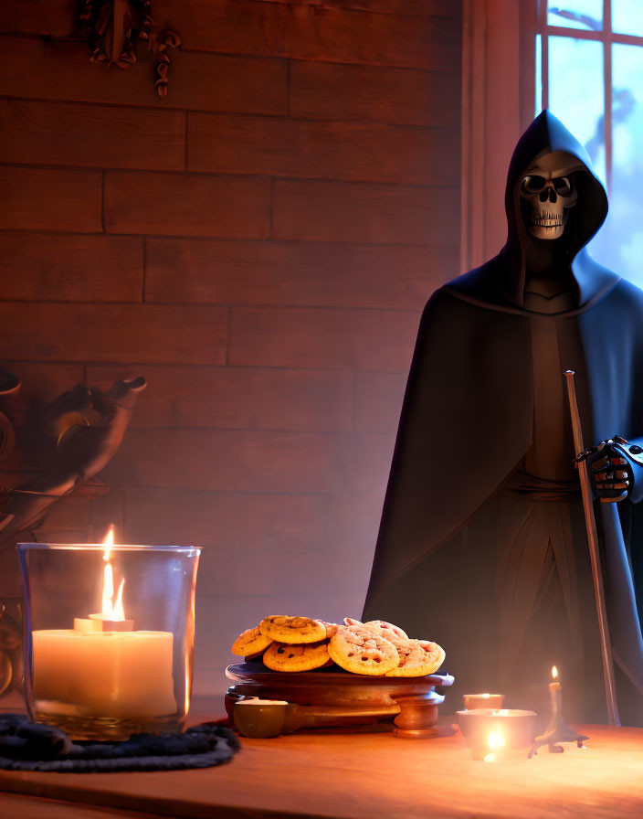 Hooded skeletal figure with cookies and candle.