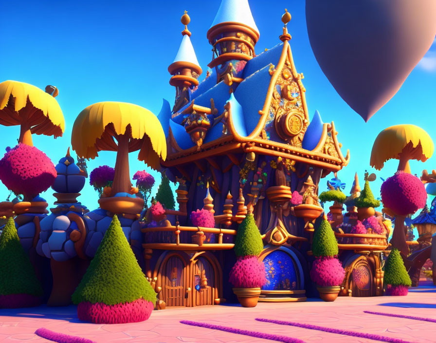 Whimsical cartoon castle with colorful architecture and floating balloon against blue sky