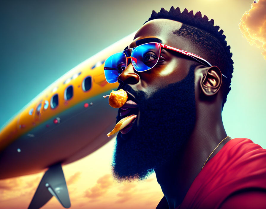 Man with Sunglasses and Beard, Airplane and Popcorn in Stylized Portrait