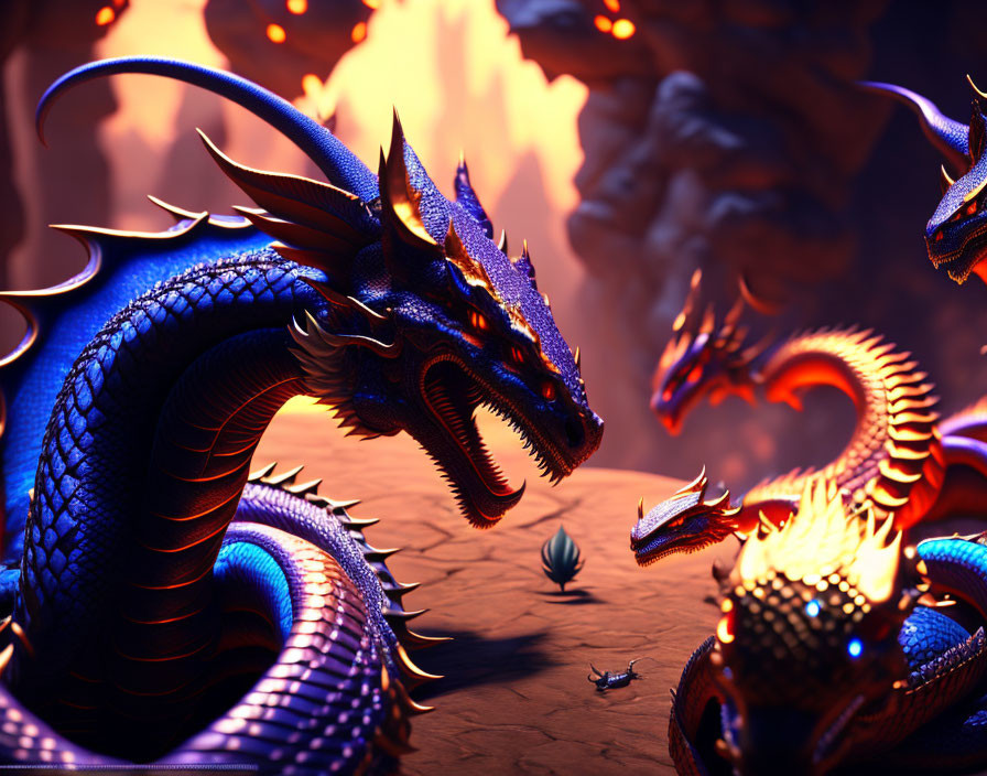 Vivid Blue and Orange Dragons in 3D Illustration