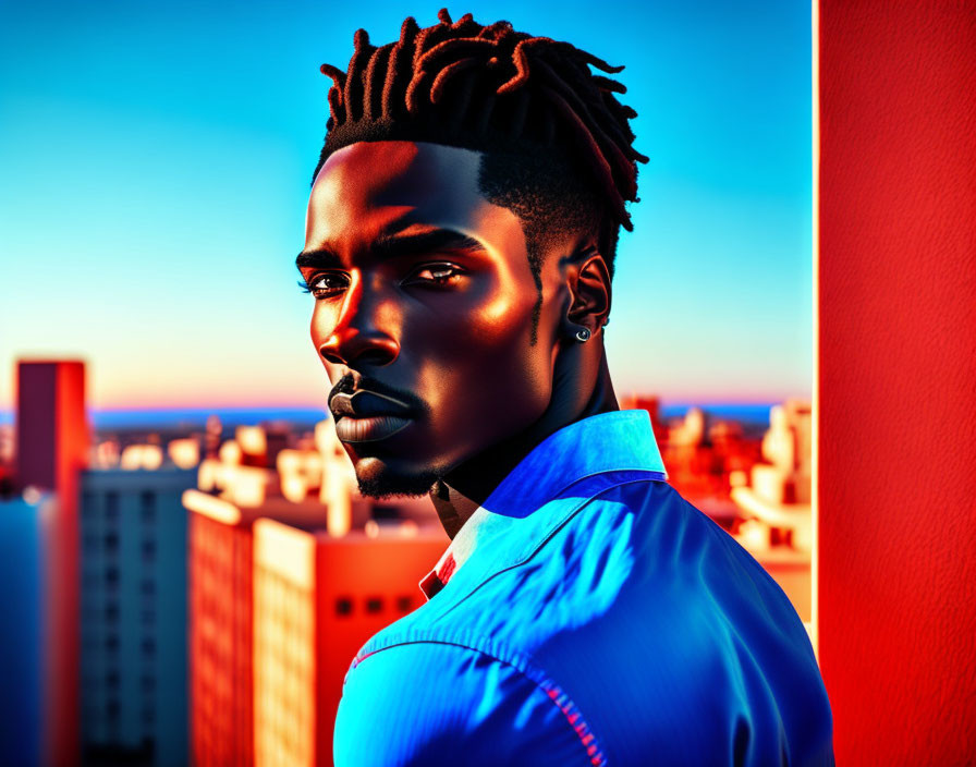 Man with dreadlocks in blue shirt against vibrant cityscape at sunset