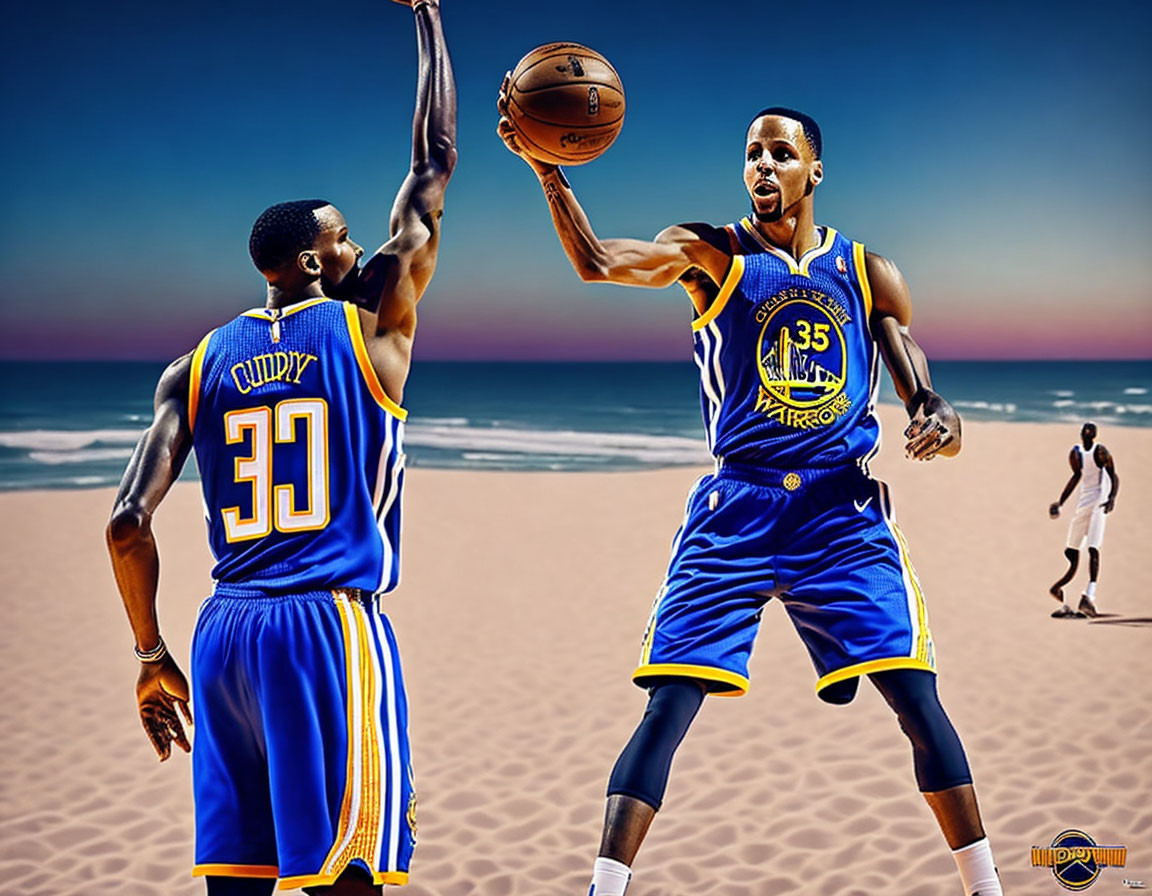 Two basketball players in blue and yellow uniforms passing the ball on a beach.