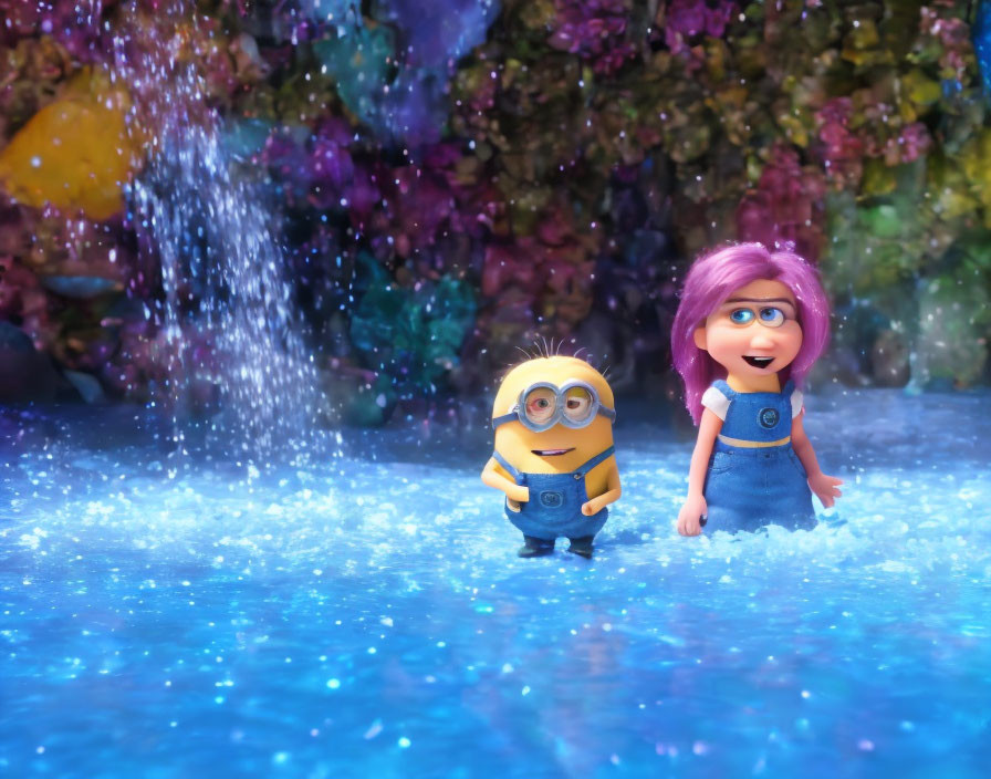 Animated characters in shallow water with waterfall & colorful flora