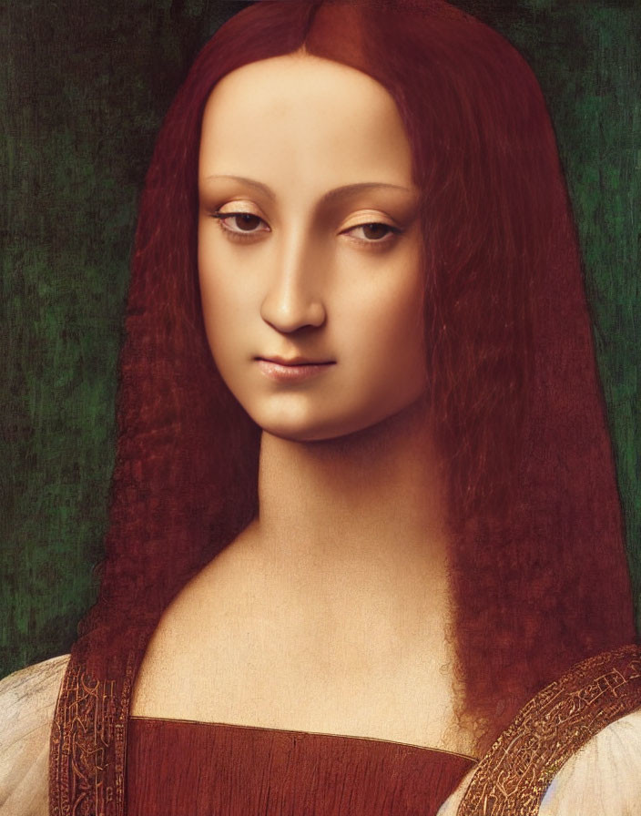 Portrait of woman with long red hair and serene expression in burgundy dress with gold embroidery.