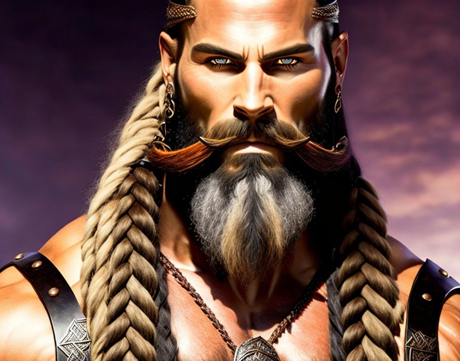 Digital illustration: Robust man with braided hair, styled beard, Viking-inspired jewelry and armor.