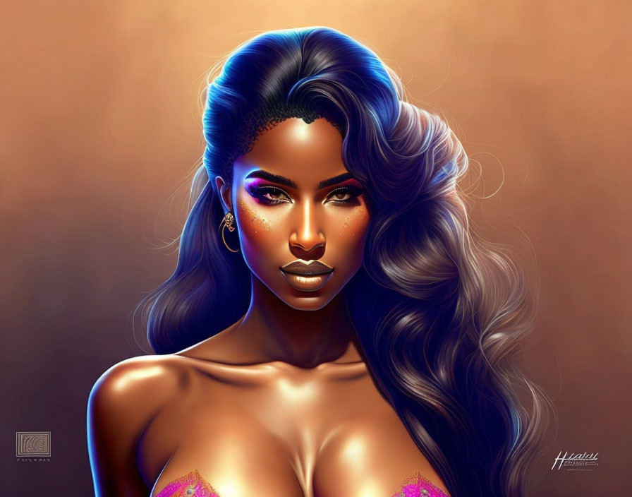 Illustrated portrait of woman with flowing hair and striking makeup