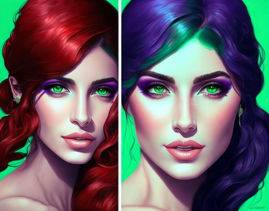 Vibrant digital artwork featuring two women with red and purple hair on split green and pink background