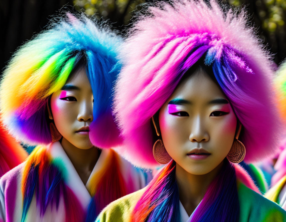 Multicolored hair and outfits with bold makeup and hoop earrings
