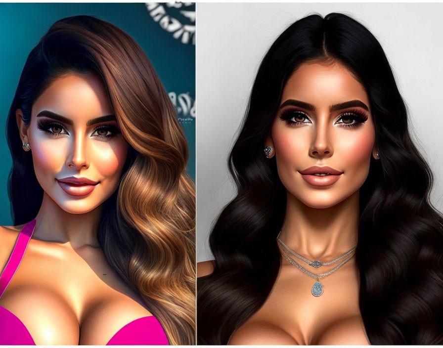 Stylized portraits of glamorous woman with flowing hair and striking makeup