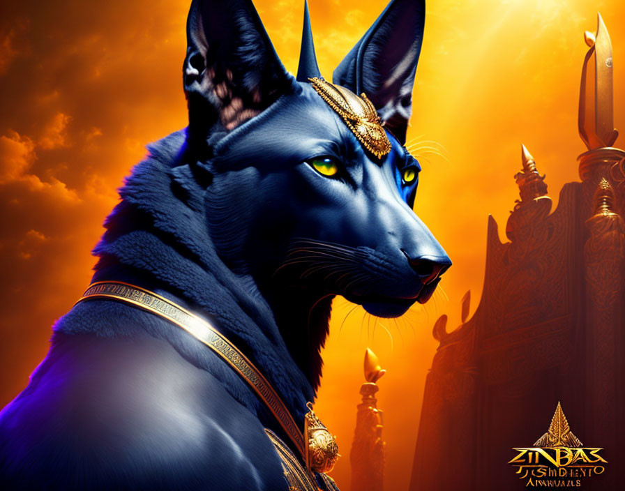 Majestic Black Anubis Creature with Blue Eyes and Gold Ornaments in Egyptian Pyramids Setting