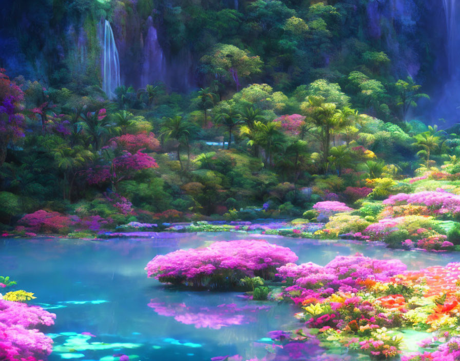 Mystical garden with waterfall, cliffs, and colorful flora.