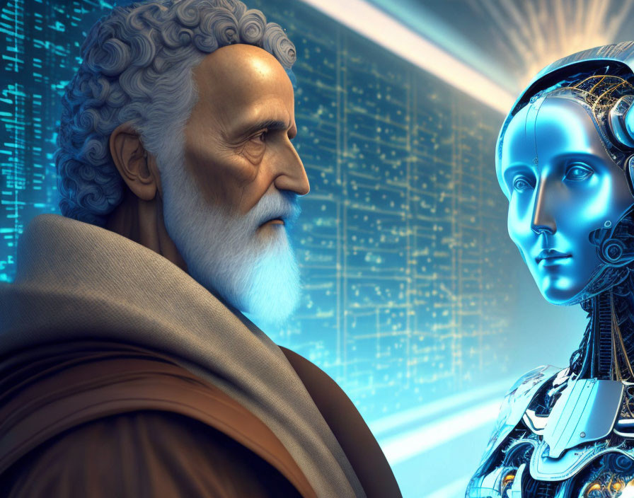 Digital artwork: Elderly man gazes at futuristic female robot