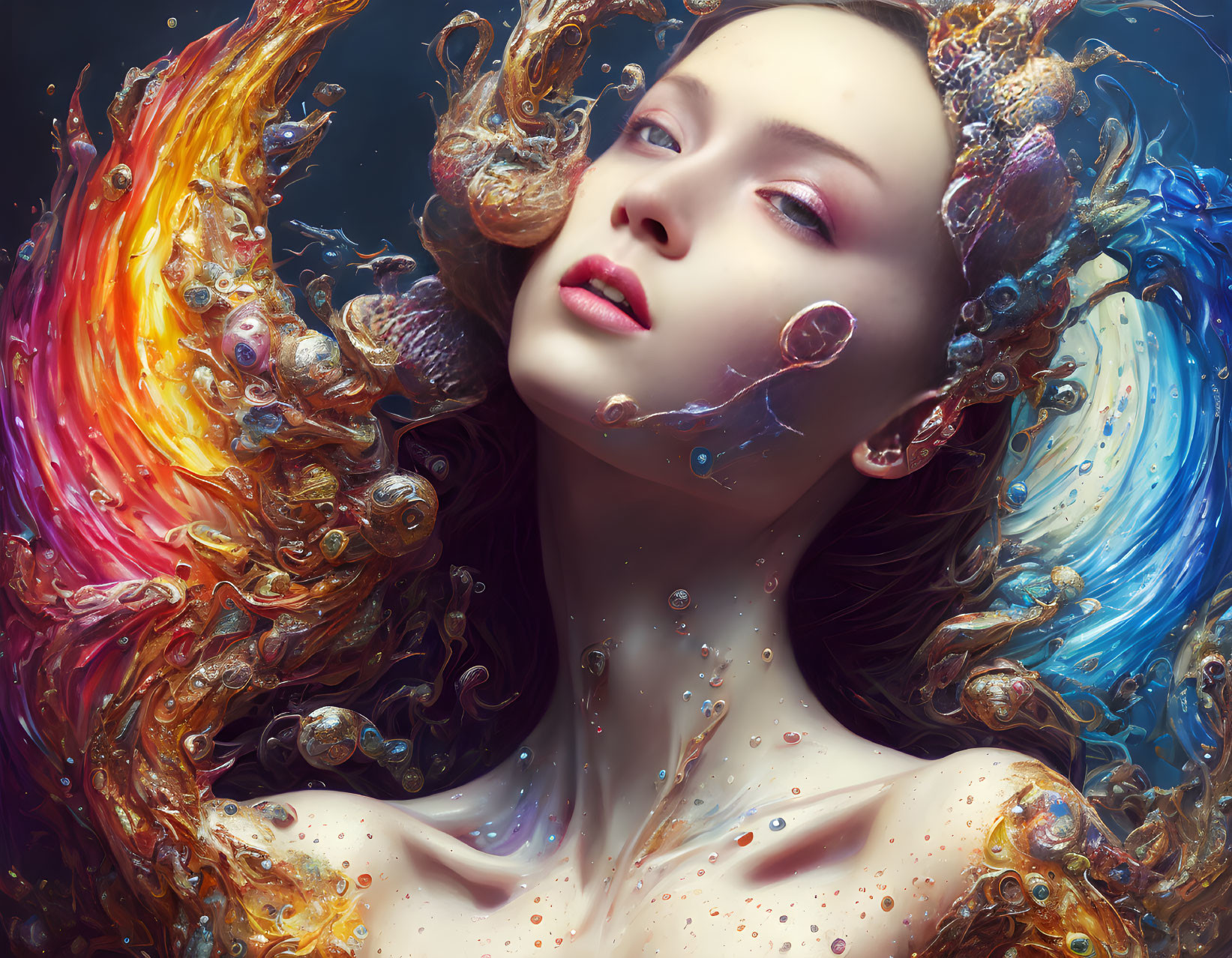 Colorful liquid portrait of woman with aquatic mane.