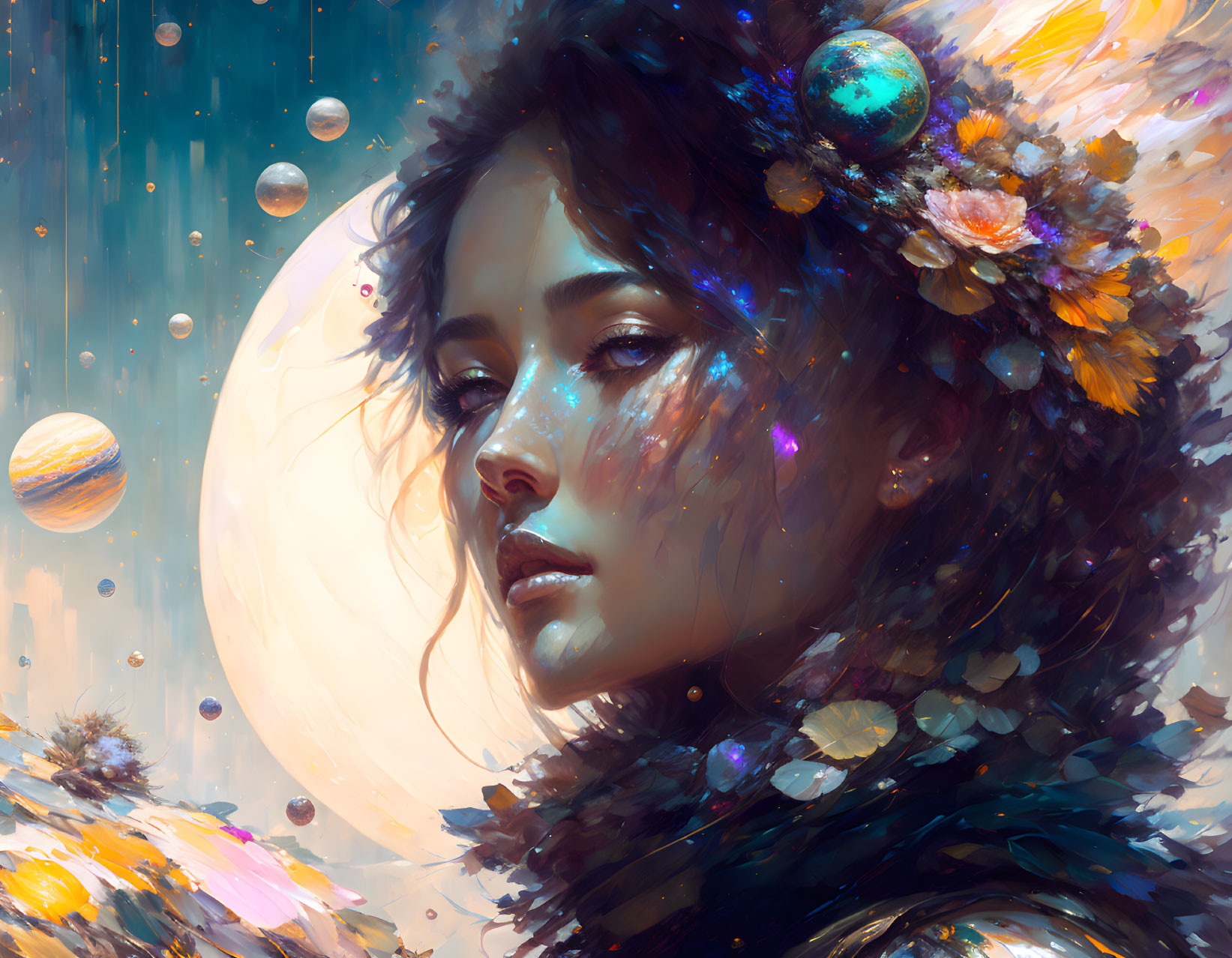 Colorful celestial woman with flowers and spheres in dreamlike art.