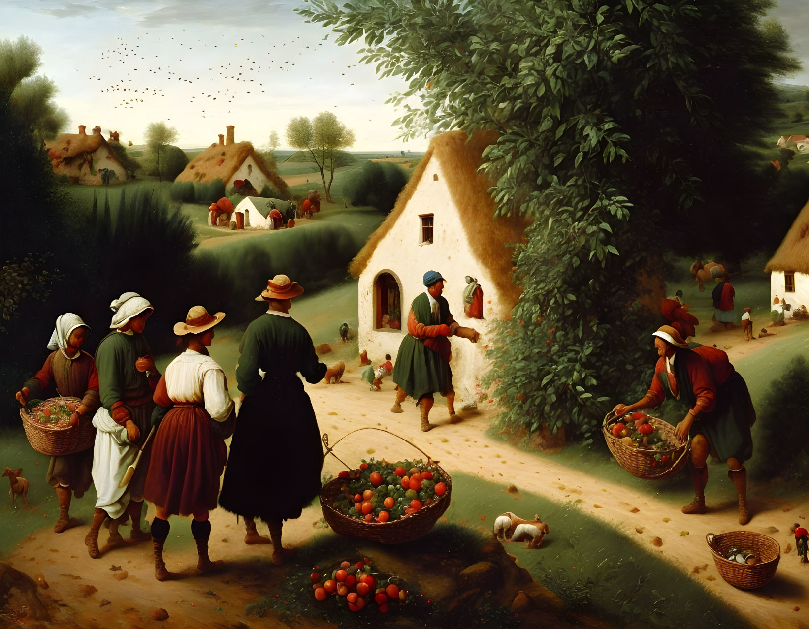 Traditional apple harvesting scene with rustic cottages, people in traditional attire, and roaming chickens.