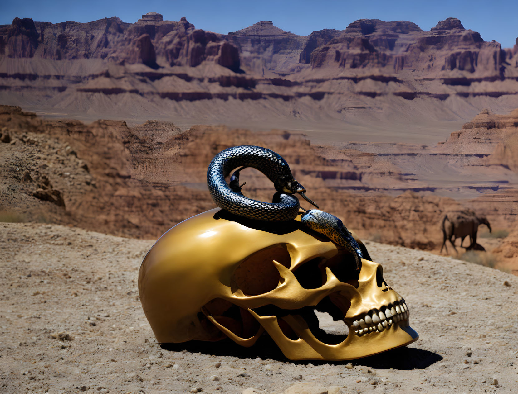 Golden human skull with blue and black snake in desert with camels