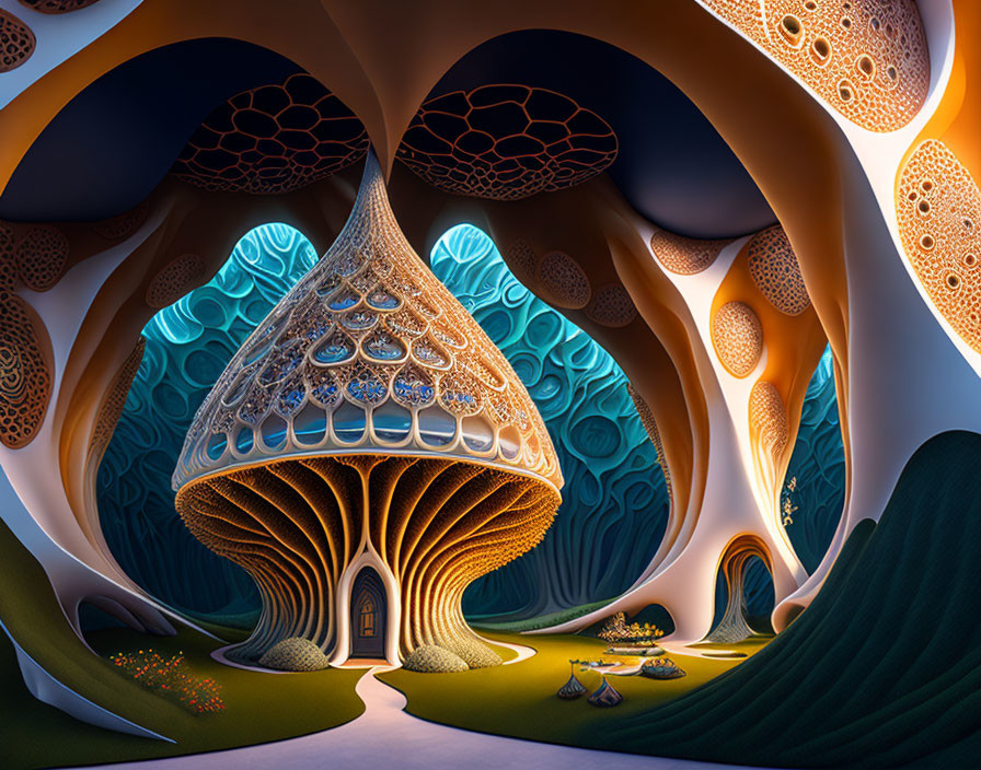 Organic tree-like structures and intricate patterns in warm tones on cool blue backdrop